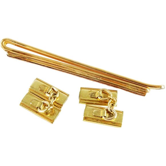 Vintage Faux Leather Cufflinks Set with Tie Bar Loose Chain Link Cuff Links - Picture 5 of 5